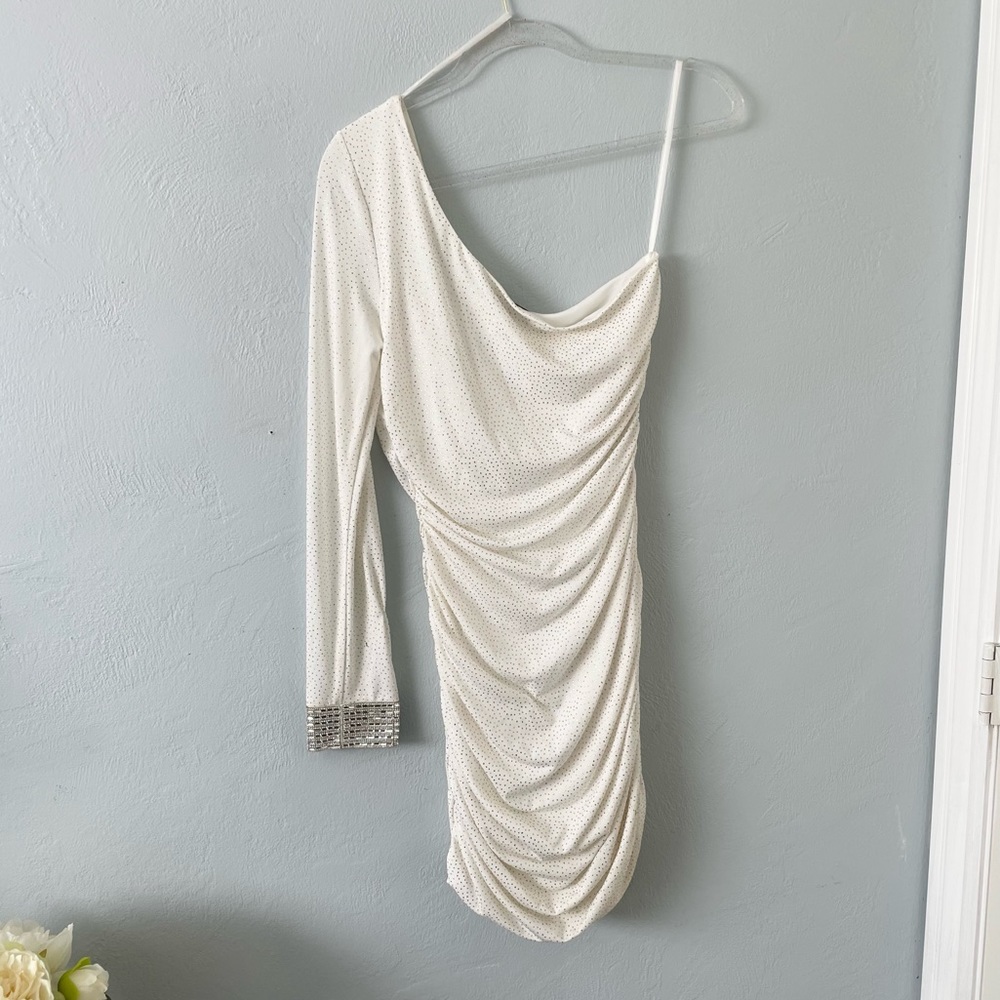 White Gold Sparkle One Shoulder Bridal Shower Short Rhinestone Holiday Dress